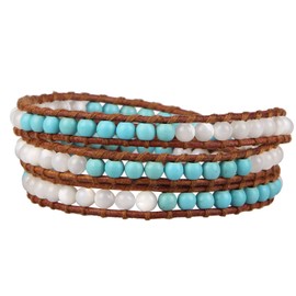 KELITCH Blue Created-Turquoise and White Shell-Pearls Cuff Bracelet on Brown Leather