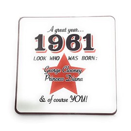 1961 - A great year. A Year You Were Born Coaster with Two Celebrities That Were Born In the Same Year. Gift, Present, Christmas, Birthday, Anniversary, Stocking Filler, Father's Day, Mother's Day