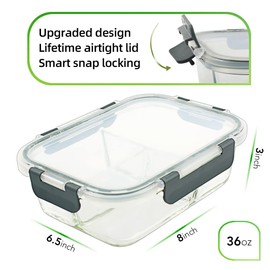 DAS TRUST 5 Pack 36oz Bento Box Glass Meal Prep Container 3 Compartment Glass Food Storage Containers with Lids Meal Prep Bowls Lunch Box Lunch Container for Oven