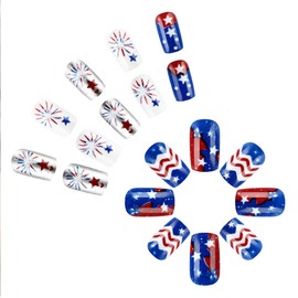 4th of July Press on Nails Medium Square Fake Nails with Stars Curve Desgins Glossy Glue on Nails Silver Acrylic Nails Press ons Independence Day False Nails Full Cover Stick on Nails for Women 24Pcs