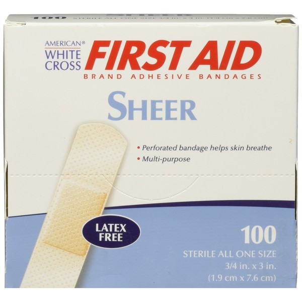 American White Cross 24509 Adhesive Bandages, Sheer Strips, 3/4" x 3", Box of 100