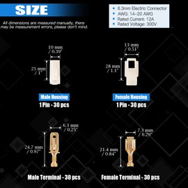 Glarks 120 conectores de cable eléctrico de 6,3 mm de 1 clavija para automóvil, enchufe macho hembra y kit de terminales para motocicleta, bicicleta, coche, barcos (30 juegos de 6,3 mm 1P)