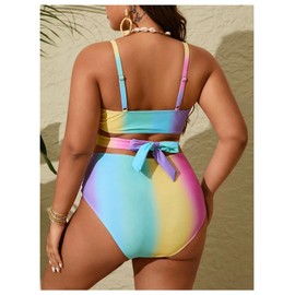 GORGLITTER - Conjunto de bikini de talle alto para mujer, de dos piezas, bloque de color, control de abdomen, Rosa Púrpura Azul Amarillo, 4X-Large Plus