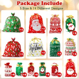 BCUEIDO 45 PCS Christmas Drawstring Gift Bags Assorted Sizes Drawstring Christmas Bags for Gifts with Rope for Xmas Holiday Presents Party Favor