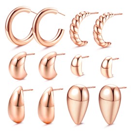 MILACOLATO 6Pairs Gold Hoop Earrings Set for Women 14K Gold Plated Chunky Teardrop Croissant Earrings Multipack Hypoallergenic, Rosegold Thick Open Twisted Hoops Stud Earrings Set Jewellery
