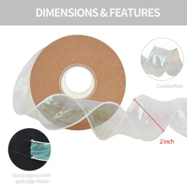 TONIFUL 1-1/2 Inch Wide Laser White Wired Chiffon Ribbon Shimmer Sheer Organza Ribbons for Crafts Floral Bouquets Wedding Party Decorations Valentine's Day Gift Wrapping Bow Making Wreaths (10yd)