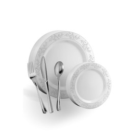 Exquisite 200 Pcs Heavyweight Disposable Plastic Plates and Cutlery Set Includes 40 Silver Leaf Trim Dinner Plates 40 Silver Dessert Plates and 40 Pcs of Glossy Silver Plastic Forks Knives and Spoons