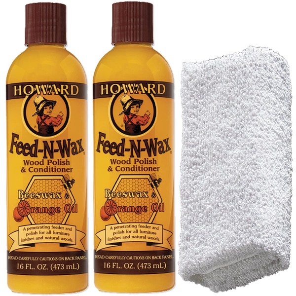 2 Howard Feed-N-Wax Wood Polish + 1 Daley Mint Cloth | Wooden Furniture Polish and Conditioner Kit with Orange Oil - FW0016, 16oz