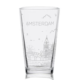 AMSTERDAM NETHERLANDS SKYLINE Engraved Pint Beer Glass | Minimalist City Sky Line Full Wrap Engraving | Great Gift Idea!
