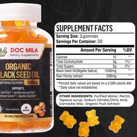 Doc Mila Organic Black Seed Oil Gummies 1500mg - Black Seed Oil Softgels Capsules with Honey, Pineapple Flavor - Gluten Free, Soy Free & Non-GMO