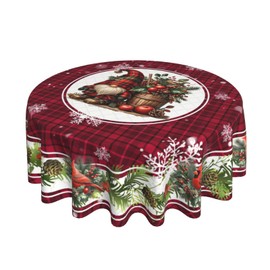 mutakin Christmas Bird Gnome Tablecloth Red Plaid Round Table Cover Washable Reusable Decoration Table Cloth for Home Kitchen Party Picnic 60 Inch