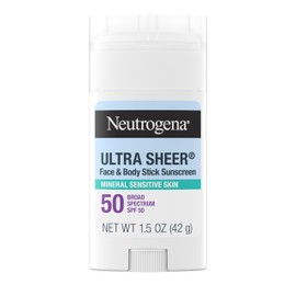 Neutrogena Neutrogena Ultra Sheer Dry Touch SPF 50 Mineral Sunscreen Stick for Sensitive Skin, Zinc Oxide, Body & Face Sunscreen with Vitamin E, No White Residue & Vegan, 1.5 oz