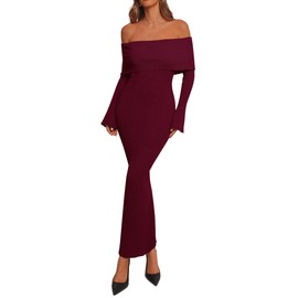 dowerme Women's Off The Shoulder Sweater Dress 2025 Formal Long Sleeve Bodycon Maxi Wedding Guest Dresses Fall Outfits(Burgundy,Small)