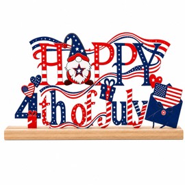 4th of July Decorations, Happy 4th of July Metal Table Sign with Wooden Base, Red White and Blue Patriotic Decor, Independence Day Tabletop Centerpiece for Home, Office, Shelf, Mantel, Indoor (4th of July)