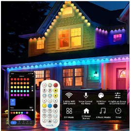 LIANWO100FT RGB Eaves Lights with App & Remote Control, IP67 Waterproof Outdoor Lighting, DIY Scene Modes for Garden, House, Party, Holiday Decor (Permanent Installation)