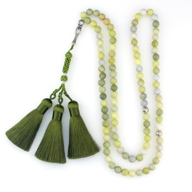 beirunde Tasbih Tesbih Islamic 99 Prayer Beads, Muslim Islam Subha Sebha Worry Beads, Misbaha Masbaha Tasbeeh Sibha Beads, Allah Mohammed Ramadan Rosary, Light Green Jade Beads with Tassel, 33 Beads,