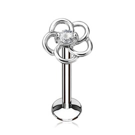Forbidden Body Jewelry 16g 8mm Surgical Steel Tragus, Helix, Cartilage and Labret Stud with Clear CZ Centered Flower Top