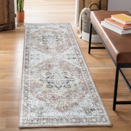 Bloom Rugs Washable Non-Slip 10 ft Runner - Blush/Beige Traditional Medallion Runner for Entryway, Hallway, Bathroom, and Kitchen - Exact Size: 2.5' x 10'