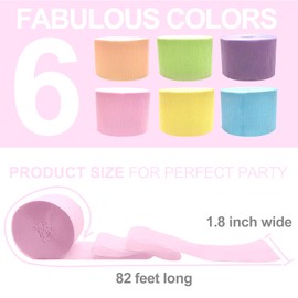 6 Crepe Paper Streamers Rolls, 492ft 6 Pastel Colors Crepe Paper Party Supplies for Birthday Wedding Spring Themed Party Decorations, DIY Crafts Supplies (1.8 inch x 82 ft/Roll)