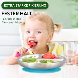 Rilli Stainless Steel Suction Cup Plate Non-Slip Baby Tableware Baby Suction Cup Tableware (Petrol)