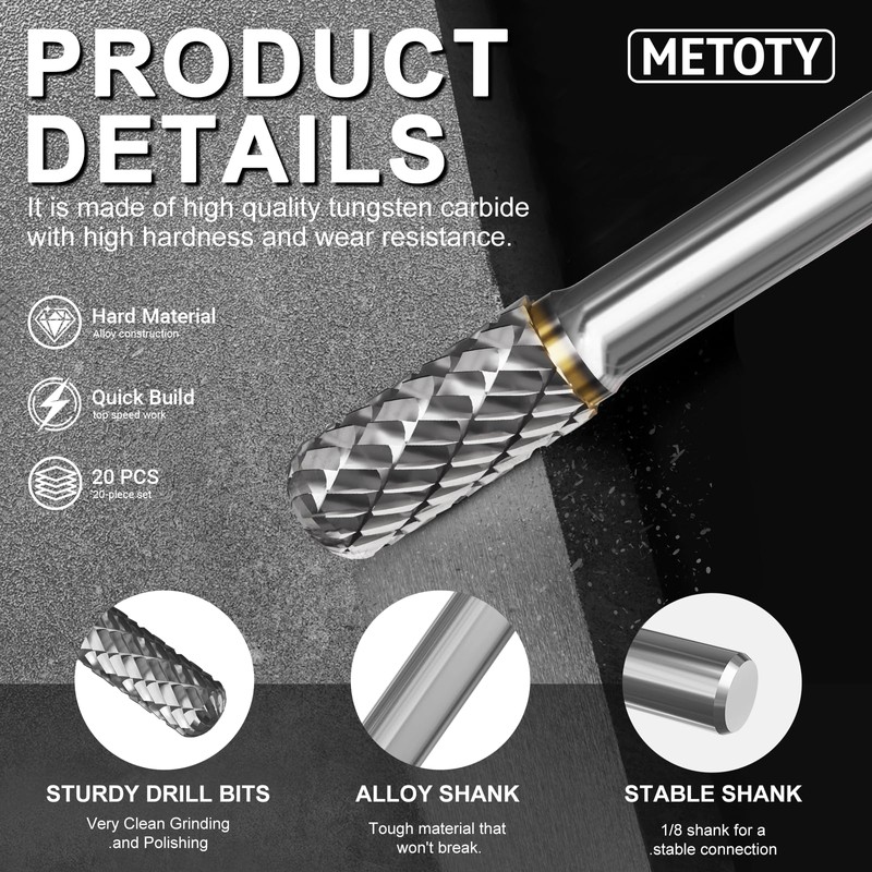 20-Piece Carbide Burr Bits Set - 1/8'' Shank for Dremel,