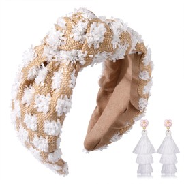 Raffia Knotted Headbands for Women Boho Straw Wide Top Knot Headband Statement Rattan Wicker Braid Woven Pom Pom Hairband Funny Summer Beach Holiday Party Hair Accessories