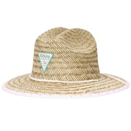 Panama Jack Kids Sun Hat - Hand Woven Straw, Flamingo Lifeguard, UPF (SPF) 50+ UVA/UVB Sun Protection, 3 1/4" Brim (Pink)