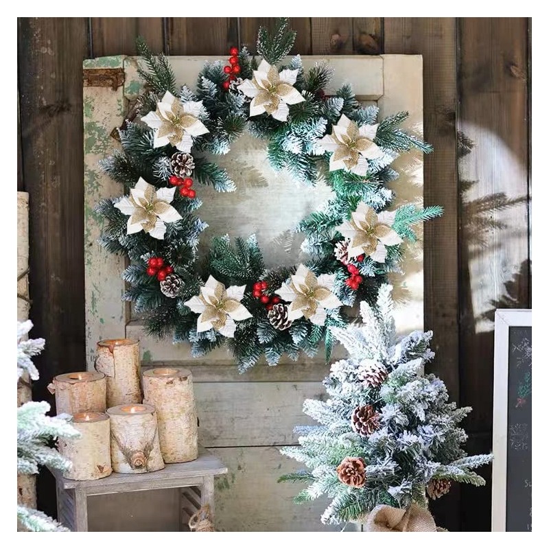 jim`s cabin Artificial Flowers Pack of 12 Glitter Poinsettias for
