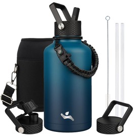 Konokyo Half Gallon Insulated Water Bottle with Straw,64 oz 3 Lids Water Jug with Carrying Bag,Paracord Handle,Double Wall Vacuum Stainless Steel Metal Flask,Indigo Black