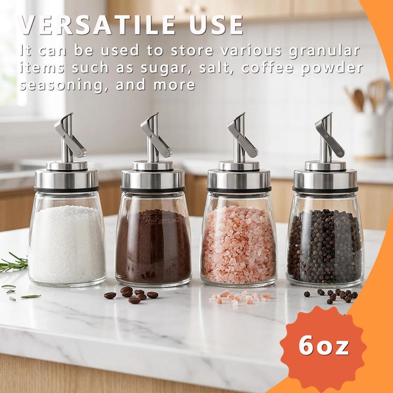 2 Pack Airtight Glass Sugar Dispenser, 6 Oz Auto Pour