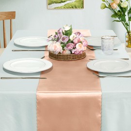 Eychei Set of 5 Rose Gold Satin Table Runners, 12" x 108" Long Bright & Smooth Table Runner with Scalloped Edges, Satin Table Cloth Table Runner Decor for Wedding, Party, Banquet