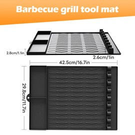 Silicone Griddle Tools Mat for Blackstone, Side Shelf Mat Grill Pad with Drip Pad, Reusable Blackstone Grilling Accessories for Outdoor Grill, Kitchen, Cooking (black 8-bit slot)
