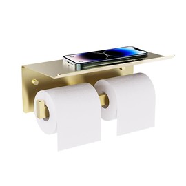 Double Toilet Paper Holder with Shelf, FreshGlow Tissue Holder Brushed Gold, Wall Mount Commercial Toilet Paper Dispenser Phone Shelf Stainless Steel, Tissue Roll for Bathroom