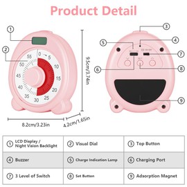 Ainiv 60 Minute Visual Timer for Kids,Countdown Timer for Classroom Office Kitchen,Cute Magnetic Desk Timers for Kids Desk, Office Desk and Meetings with Silent Operation(Pink)
