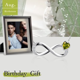 Qings Infinity Birthstone August Necklace for Women Girls Heart Peridot Cubic Zirconia Pendant Necklaces 925 Sterling Silver Birthday Valentine's Day Mother's Day Christmas Jewellery Gifts for Mom