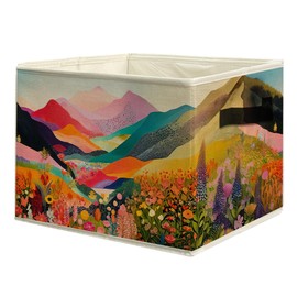 uinwk Abstract Colorful Floral Mountain Storage Bins, Maximalist Wildflower Landscape Collapsible Storage Box Laundry Basket with Handle for Home Bedroom Bathroom Office Clothes Toys Books
