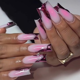 SINHOT Long Press on Nails Square Fake Nails Glossy Glue on Nails 3D Purple Chrome Acrylic Nails Squoval Artificial Nails French Tip Stick on False Nails with Design 24 pcs