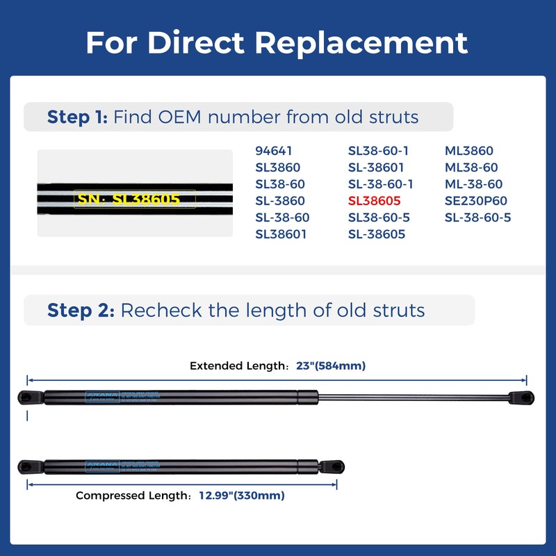 ARANA ML3860 23 inch 60lb Gas Struts Prop Springs Shocks,