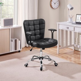 Yaheetech Mid Back Faux Leather Desk Office Chair Adjustable Tilting Modern Upholstered Vanity Chair with Detachable Padded Armrests for Home/Office, Black