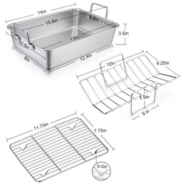 TeamFar Roasting Pan with Rack, 14 Inch Stainless Steel Turkey Roaster Lasagna Pan with V-Shaped Rack & Cooling Rack, Healthy & Sturdy, Brushed Surface & Dishwasher Safe, Rectangular - Set of 3