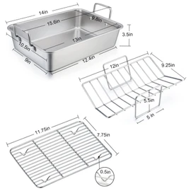TeamFar Roasting Pan with Rack, 14 Inch Stainless Steel Turkey Roaster Lasagna Pan with V-Shaped Rack & Cooling Rack, Healthy & Sturdy, Brushed Surface & Dishwasher Safe, Rectangular - Set of 3