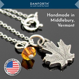 DANFORTH - Mini Maple Leaf Mini Necklace, Pewter Pendant, Crystal Bead, 17 Inch Chain, Handcrafted, Made In USA