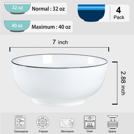 Dyware 40 oz Large Soup Bowl, Pho Bowls, 7-Inch Rimmed Off-White Porcelain Bowls Set of 4