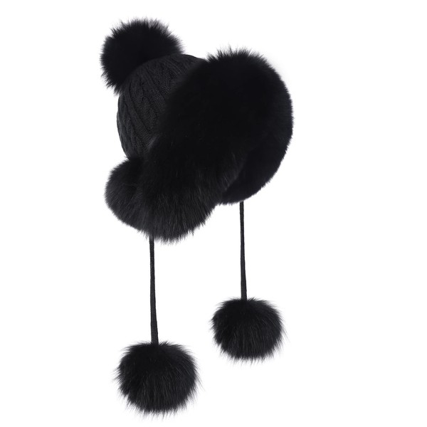Furstory Women's Knit Hat, Winter Pom Pom Hat, Winter, Warm, Earmuffs, Stylish, Beanie Cap, Bucket Hat, Cold Protection, Medical Use, Birthday Gift, Outdoor, Black