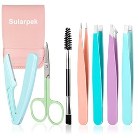 Sularpek 7 Pcs Eyebrow Tweezers Kit for Women, Stainless Steel Precision Set with Brow Scissors, Razor, Spoolie, for Facial Hair, Chin, Brow, Ingrown Hair, with Leather Case