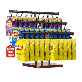 Usluole Chip Rack Display Stand, 3-Tier 42 Clips Snack Organizer for Office Desk, Classic Wood Base Chip Holder for Party, Snack Display Rack for Countertop Concession Stand, Retail Store Home
