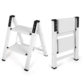 Dollate Aluminum 2 Step Ladder, Folding Step Stool with Non-Slip and Sturdy Wide Tread, Portable for Household and Kitchen, Foldable Step Stool, White, 330Lbs Ladders for Home