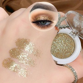 Champagne Golden Glitter Powder Single Eye Shadows Make up, Metallic Glitter Pressed Powder Eyeshadow, Highly Pigmented Long Wearing Waterproof Gold Eyeshadow for Christmas Music Festivals Party