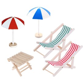 Miniature Beach Chair, Wooden Mini Decorative Deck Chair, Parasol, Table, Doll's Lounger, Beach Chair, Mini Lounger Chair, Folding Chair, Fabric Seat for Doll, Beach, Micro Landscape, DIY Decoration
