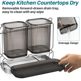 First-zgel Utensil Holder for Kitchen Countertop, Plastic Utensil Organizer with Drain Tray, Wall Mounted Large Utensil Crock for Spatula Spoon, Morden Kitchen Silverware Organizer (Black)